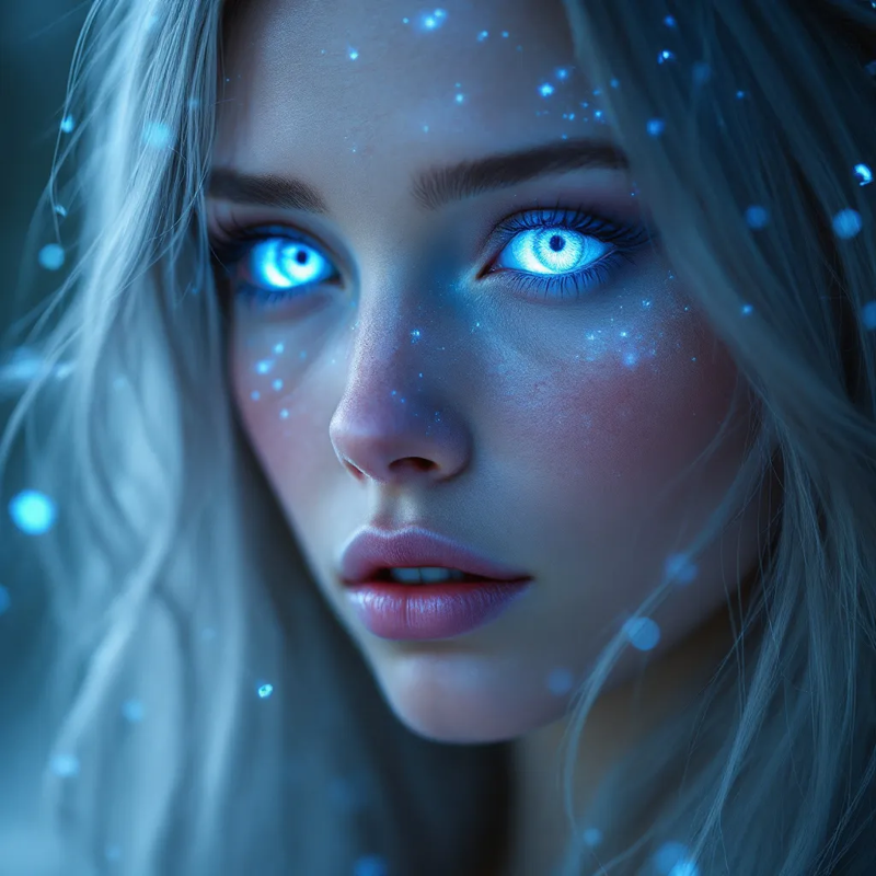 ethereal alien, piercing blue eyes that seem to glow with an inner light. Her long, ethereal light. Her skin is a pale, enigmatic expression, natural pink., pointed nose and full lips. Her eyes are a piercing, al.jpg